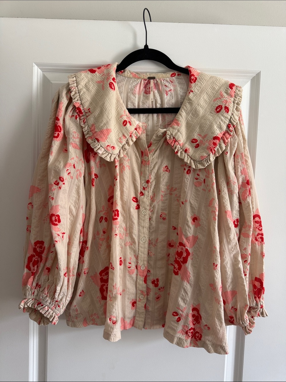 Free People Cream Blouse with Red Floral Print and Ruffled Collar
